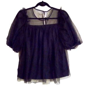 KAKTUS Black Mesh Illusion Overlay Whimsigoth Witchy Babydoll Top Size Small